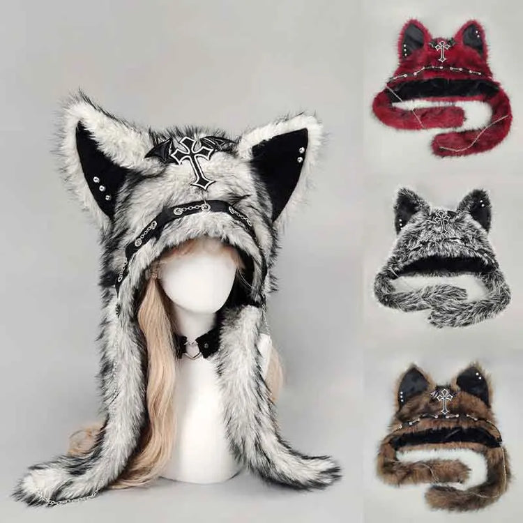 Dark Series Gothic Plush Hat Y2K Cross Metal Style Headwear Cosplay Cat Ear Hat Halloween Punk Rock Warm Cap for Women Men Child
