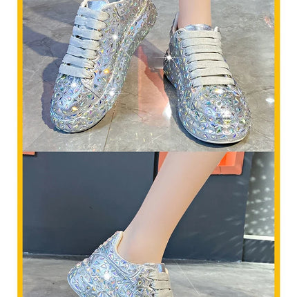 2025 Autumn Leather Women Shoes New Style Fashion Platform Shoes Ins Platforms Sneakers Tide Shine Bling Rhinestone Shoes