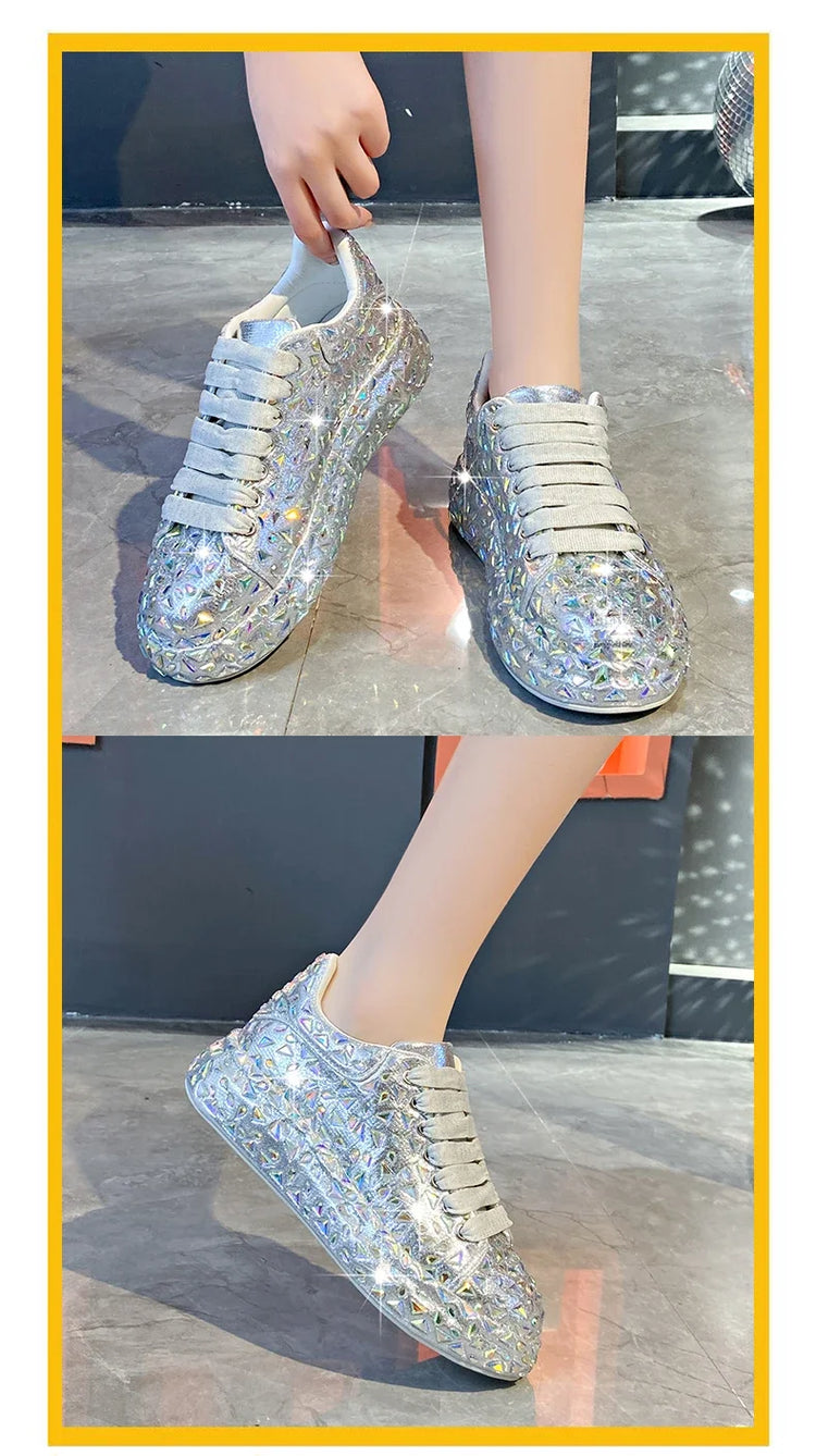 2025 Autumn Leather Women Shoes New Style Fashion Platform Shoes Ins Platforms Sneakers Tide Shine Bling Rhinestone Shoes