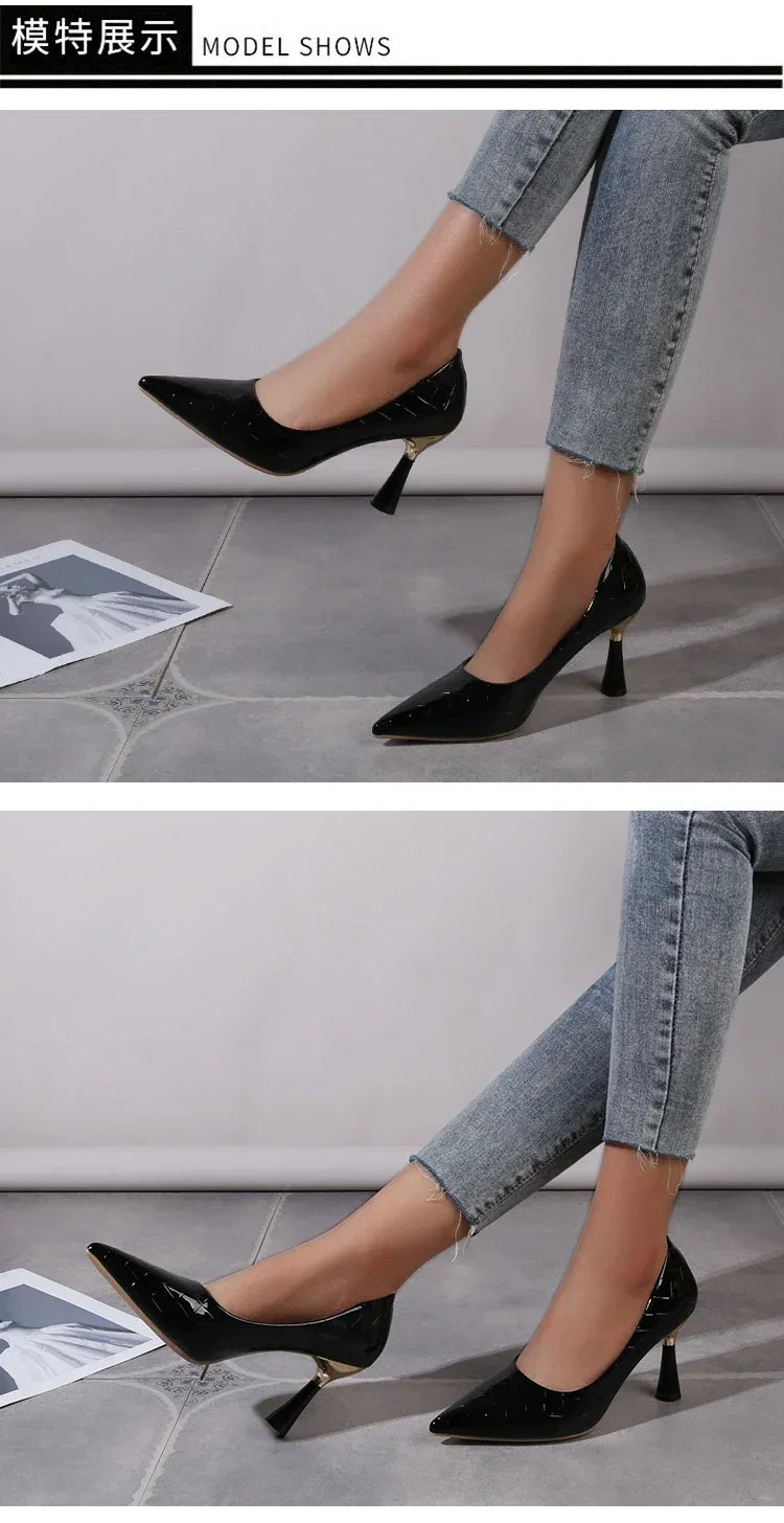 Scarpe Donna 2024 Tendenza Nuova Estate Tacchi rossi Donna elegante Décolleté con tacco nero e punta a punta Abito in pelle Scarpe da donna bianche