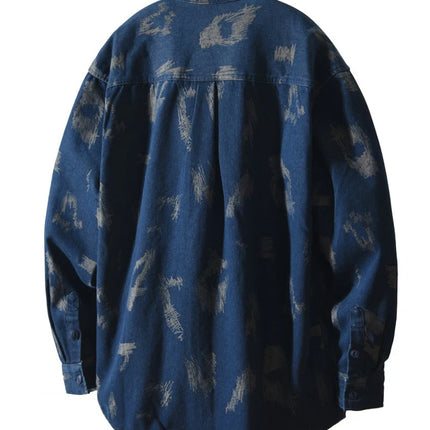 T795 Men's Long Sleeve Denim Casual Shirt for Autumn Winter Fashion Loose Relaxed Fit Vintage Flower Print Denim Jackets Male