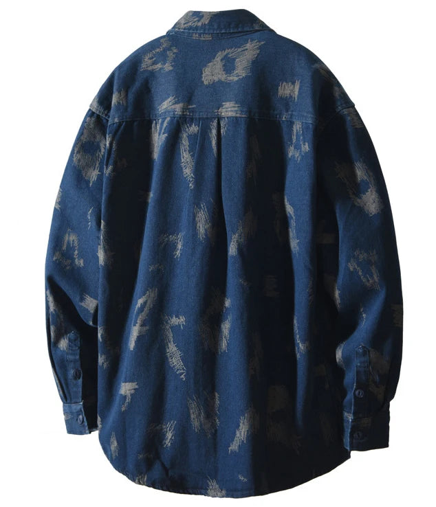 T795 Men's Long Sleeve Denim Casual Shirt for Autumn Winter Fashion Loose Relaxed Fit Vintage Flower Print Denim Jackets Male