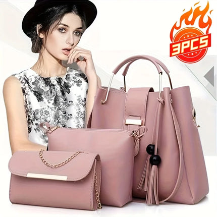 Set di 3 Borse da Donna in Pelle PU: Borsa a Tracolla, Borsa a Mano e Pochette, Combo Elegante per Signore
