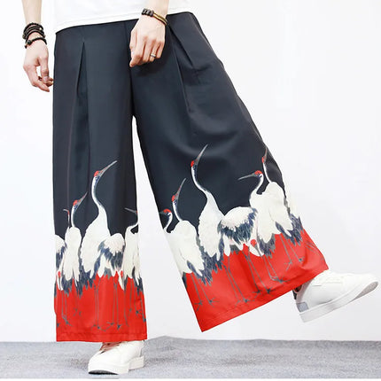 Nuovi Pantaloni da Uomo con Stampa Tradizionale a Gru, Stile Cinese Vintage, Pantaloni Harem Estivi, Pantaloni Larghi Hanfu Oversize da Uomo