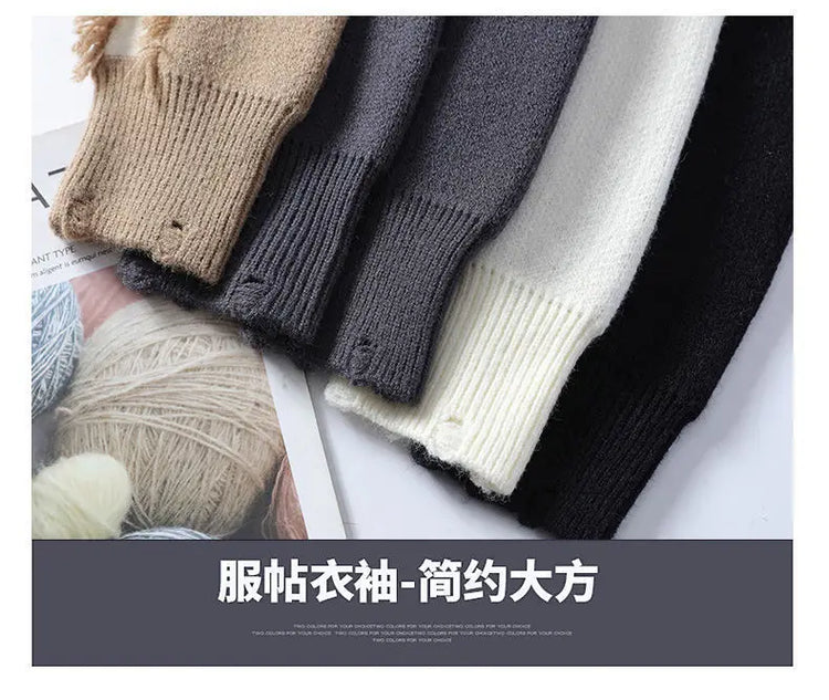 Ripped Sweater Men's Loose Crew Neck Knit Bottom Shirt Handsome Autumn Clothes on The Fashion  Sweater Pullover Sweater