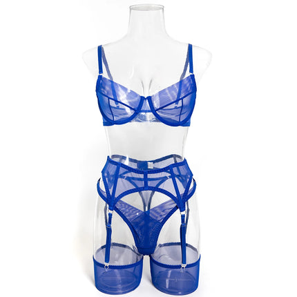 Luxury Dark Style 4Pcs Women's Lingerie Set Push-up Underwire Bra Garter Belt Thong Panty Stocking Erotic Intimate Outfits