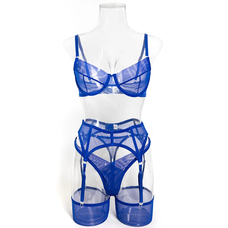 Luxury Dark Style 4Pcs Women's Lingerie Set Push-up Underwire Bra Garter Belt Thong Panty Stocking Erotic Intimate Outfits