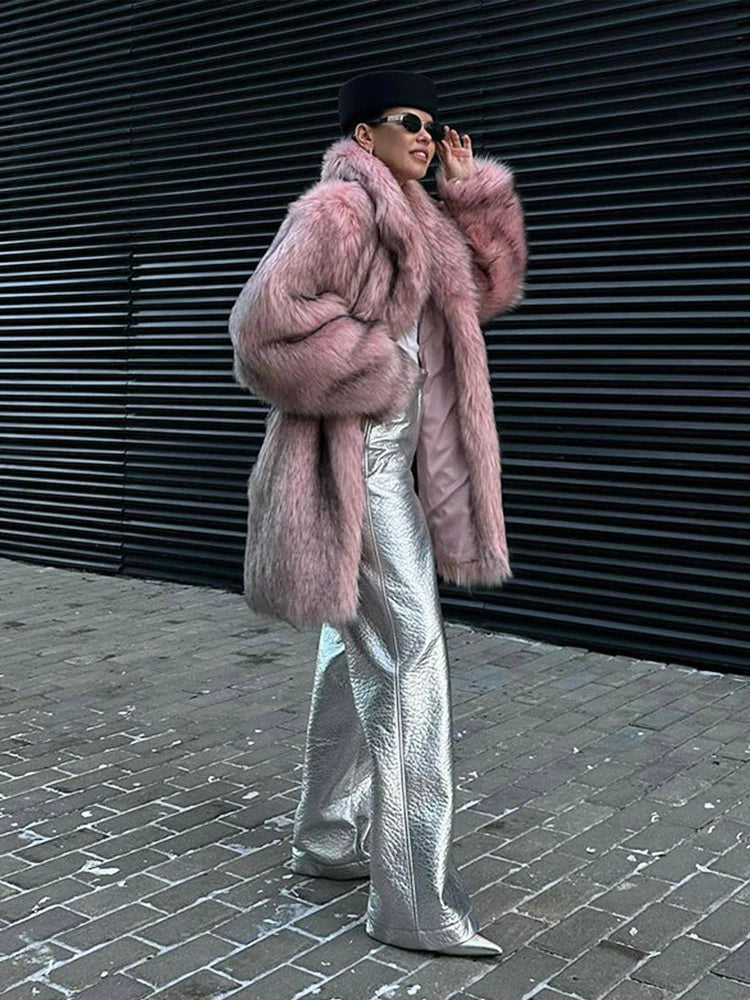 ZADORIN Luxury Winter Fur Coats Woman Plush Long Faux Fur Coat Lapel Fluffy Pink Fur Jacket Woman Fur Faux Coat Loose Outerwear