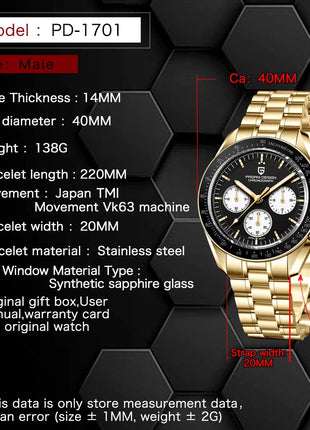 Nuovo orologio classico da uomo PAGANI DESIGN Orologio al quarzo di lusso verde dorato per uomo Cronografo sportivo con data automatica e cristallo AR in zaffiro Orologio da polso da uomo Spedizione locale