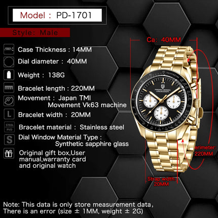 Nuovo orologio classico da uomo PAGANI DESIGN Orologio al quarzo di lusso verde dorato per uomo Cronografo sportivo con data automatica e cristallo AR in zaffiro Orologio da polso da uomo Spedizione locale