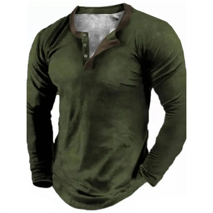 Spring Autumn Solid Color Henley Shirts 3D Printed Men's Fashion Vintage Button-Down Long Sleeve T Shirts Men's Tees Top Apparel