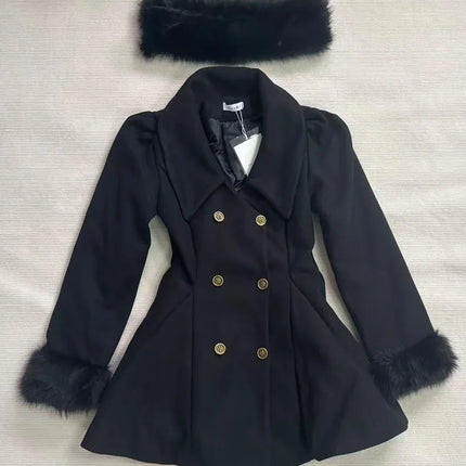 Winter Hepburn Black Fur Collar Woolen Coat French Style Vintage Blends Slim Mid-length Outwear Elegant Lolita Warm Outfits New