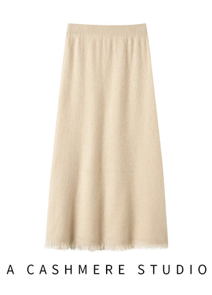 Women Cashmere A-Line Tassel Skirt High Waist Office Lady Retro Autumn Winter 100% Cashmere Knitwear Graceful Regular Fit Dress