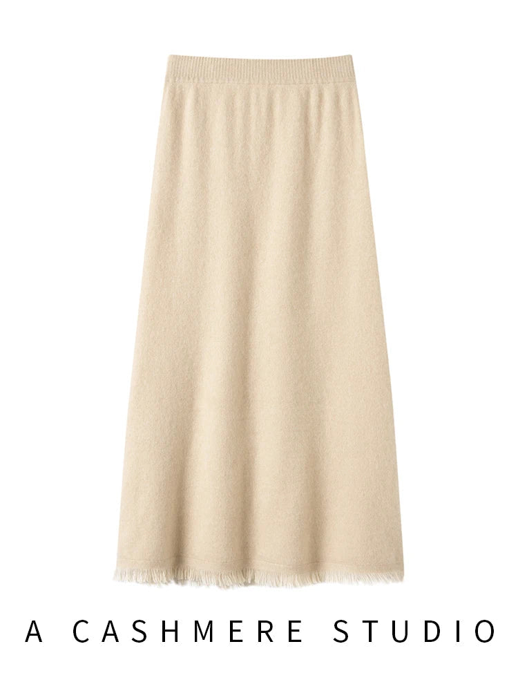 Women Cashmere A-Line Tassel Skirt High Waist Office Lady Retro Autumn Winter 100% Cashmere Knitwear Graceful Regular Fit Dress PlatiNum