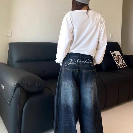 Jeans Casual da Donna Y2K Larghi e Comodi Blu Lavato Stile Vintage Cargo Pantaloni a Gamba Larga Oversize Y2K