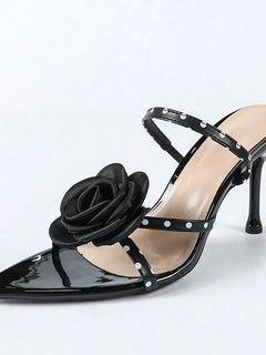 Liyke 2026 New Fashion Polka Dot Sandali con cinturino posteriore Donna Nero a punta aperta Fiori Tacchi alti Scarpe da sera estive