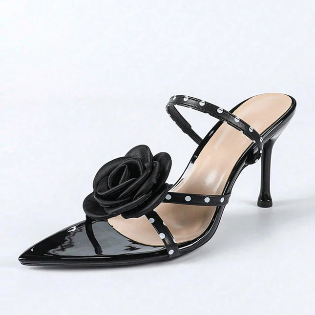 Liyke 2026 New Fashion Polka Dot Sandals Back Strap Women Black Open Toe Flowers High Heels Summer Party Shoes