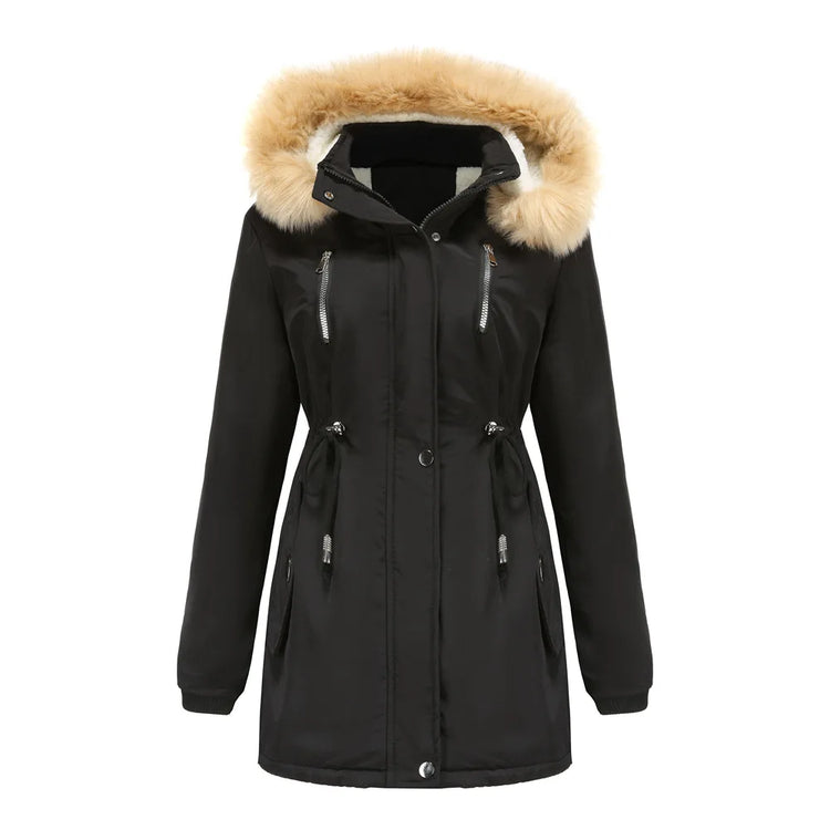 Women's Winter Coat Warm Fleece Lined Parka Detachable Faux Fur Hood Padded Jacket Slim Waist Thick Sherpa Loose Cotton Outwear