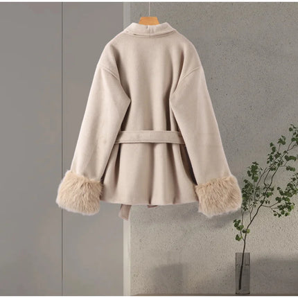 Elegant Women's Lace Up Woolen Coats Solid Full Sleeve Turn-down Collar Loose Lady Coats 2026 Autumn Winter Female Streetwear