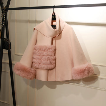 French Elegant Fashion Socialite Fur Patchwork Short Cape Coats for Women Autumn Loose Versatile Wool Cloak Jackets with Scarf