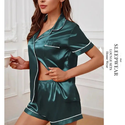 Pigiama da donna in raso di seta estivo Set Top e pantaloncini abbottonati 2 pezzi indumenti da notte colletto dentellato indumenti da notte Loungewear per le donne platinumshop
