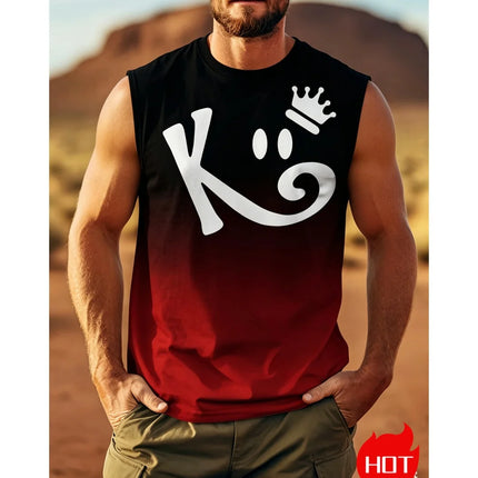 Men's Sleeveless T-Shirt with K Letter 3D Digital Print, Casual Polyester Round Neck Tank Top, Men's Sports Top.