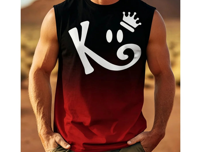 Men's Sleeveless T-Shirt with K Letter 3D Digital Print, Casual Polyester Round Neck Tank Top, Men's Sports Top.