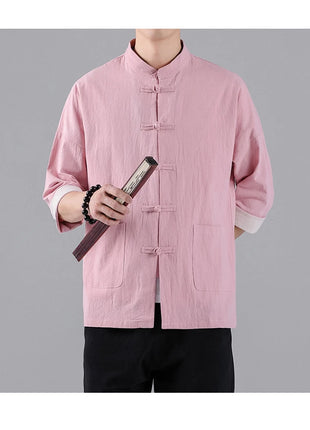 Camicie in Stile Cinese per Uomo, Top Tradizionale Tang in Lino a Mezza Manica, Camicia Kung Fu Hanfu Vintage Casual, Taglie Grandi fino a 5XL