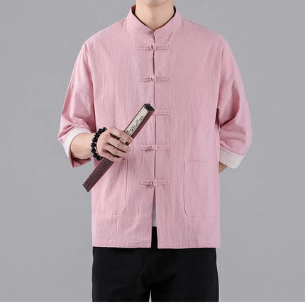 Camicie in Stile Cinese per Uomo, Top Tradizionale Tang in Lino a Mezza Manica, Camicia Kung Fu Hanfu Vintage Casual, Taglie Grandi fino a 5XL