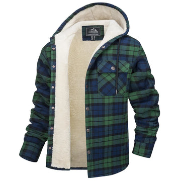 TACVASEN Sherpa Lined Flannel Jacket Mens Heavyweight Hooded Fleece Jacket Thicken Warm Button Down Plaid Jacket Outwear Coats