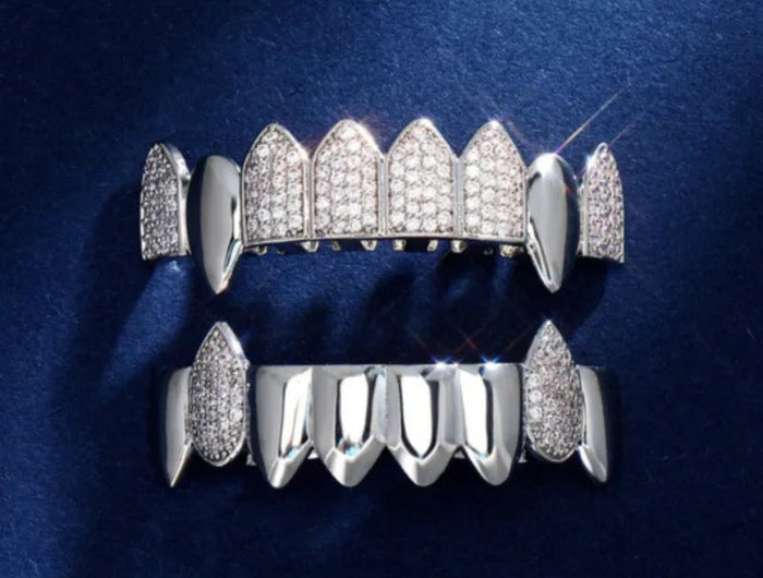 Hip Hop Full CZ Stone Teeth Grillz Caps Cubic Zircon Iced Out Micro Pave Top&Bottom Charm Grills for Men Women Punk Jewelry PlatiNum