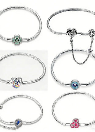 Nuovo Bracciale Originale in Argento 925 con Quadrifoglio Portafortuna e Catena a Serpente, Adatto per Gioielli Fai-da-Te da Donna PlatiNum