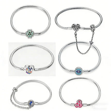 Nuovo Bracciale Originale in Argento 925 con Quadrifoglio Portafortuna e Catena a Serpente, Adatto per Gioielli Fai-da-Te da Donna PlatiNum