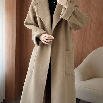 100% Wool Coat Women's Wear 2026 Autumn/Winter Fashion Temperament Double sided Cashmere Coats with Belt Elegant Long Overcoat