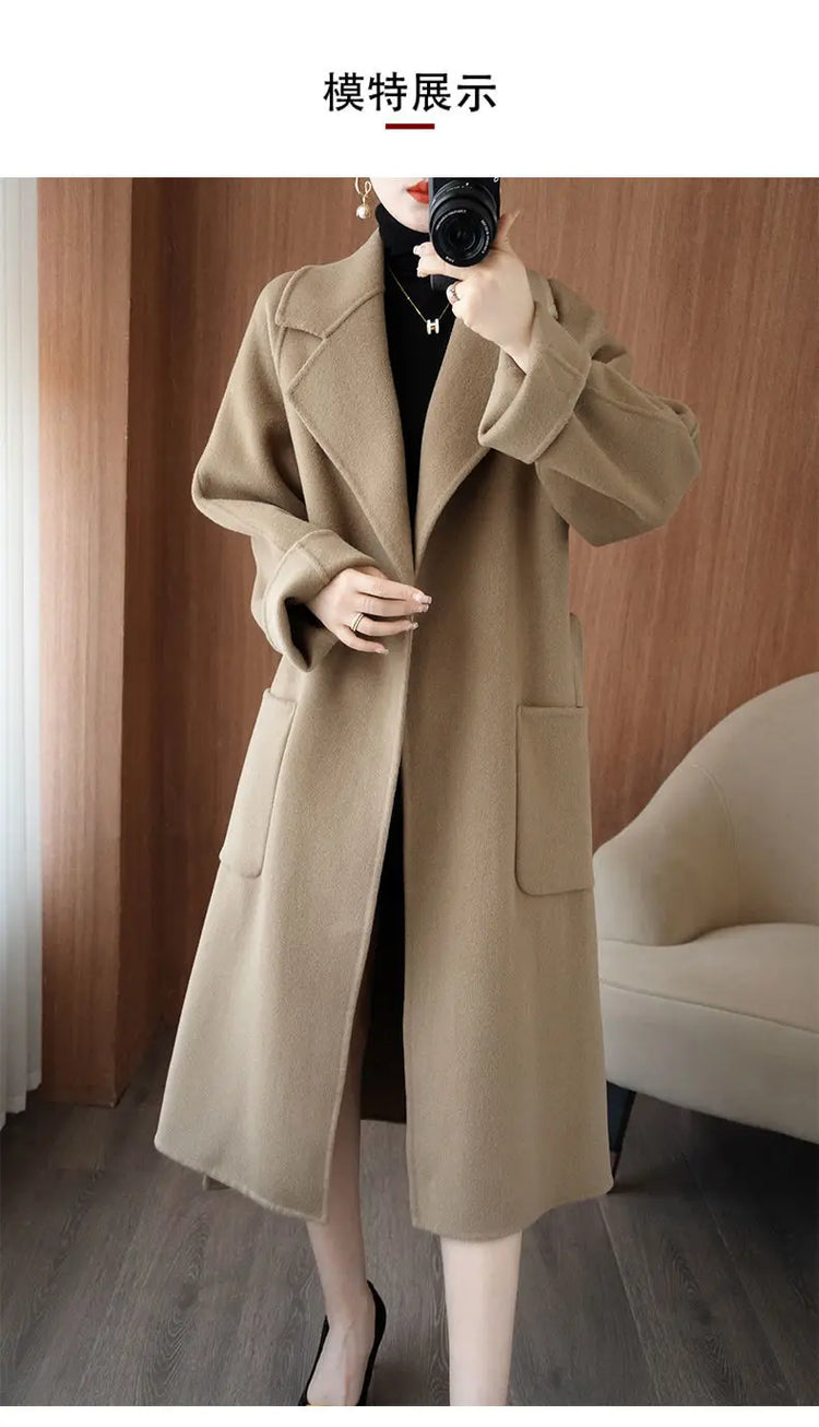 100% Wool Coat Women's Wear 2026 Autumn/Winter Fashion Temperament Double sided Cashmere Coats with Belt Elegant Long Overcoat