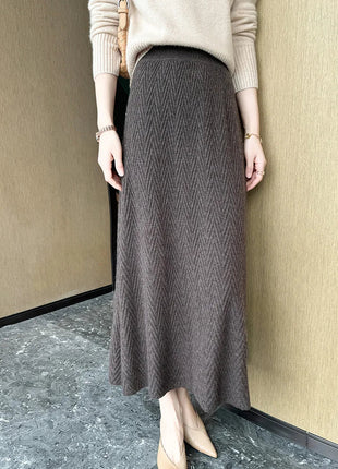 100% Cashmere Skirt Women's Mid-calf Dress Herring Bone High Waist High-end Versatile Knitted Skirt Autumn Winter Office Lady PlatiNum