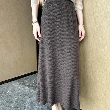100% Cashmere Skirt Women's Mid-calf Dress Herring Bone High Waist High-end Versatile Knitted Skirt Autumn Winter Office Lady PlatiNum