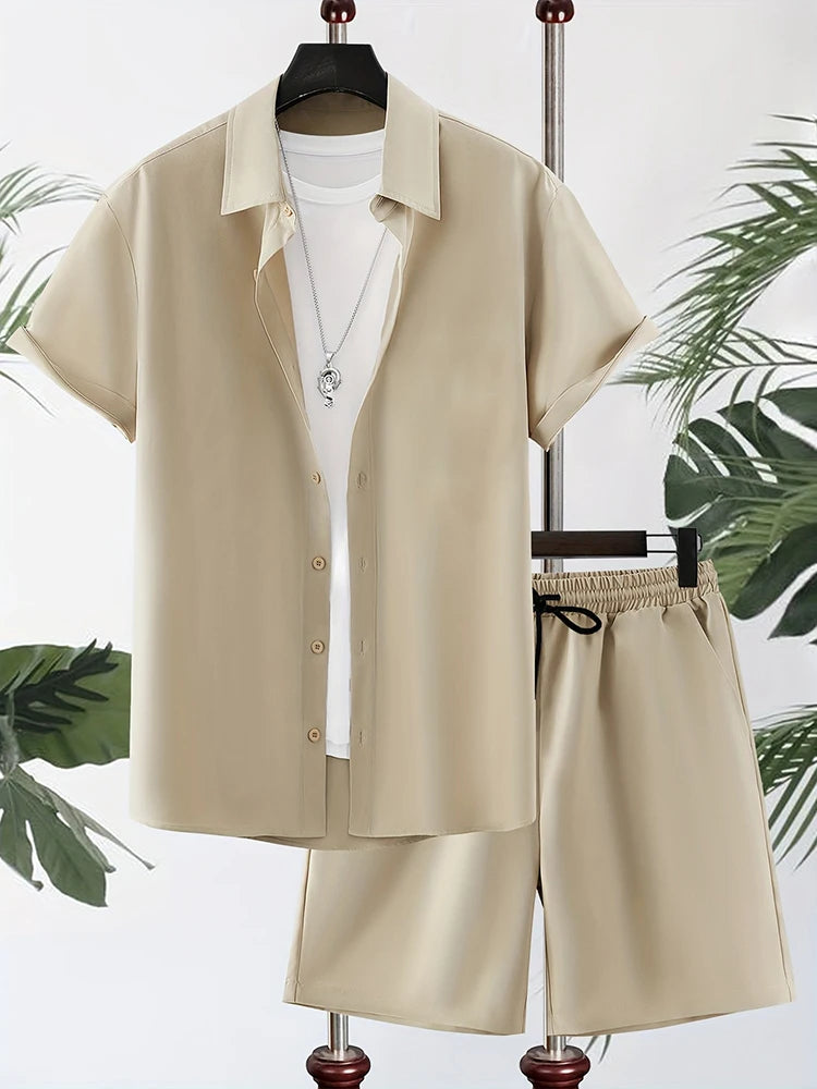 Camicia hawaiana da uomo semplice tinta unita Tendenza estiva Pantaloncini a maniche corte 2 pezzi Pantaloncini casual quotidiani Top Suit Moda oversize