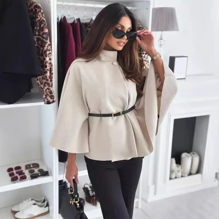 Women's Thick Turtleneck Batwing Sleeve Cape Coat with Single Button Elegant Three Quarter Length Top for Woman and Ponchos