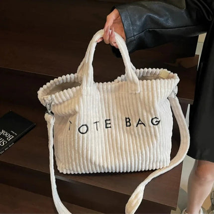 Large Capacity Striped Velvet Handbag Shoulder Bag for Woman Handbags Crossbody Bags, Versatile Letter Corduroy Women's Tote Bag PlatiNum