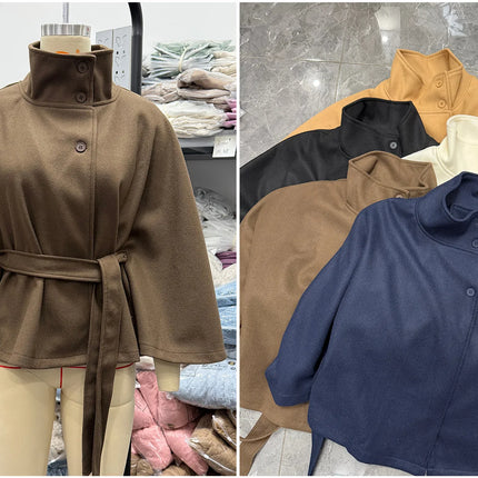 Women Lace Up High Neck Jackets for Women with Belt Elegant Windbreaker Faux Wool Blends Cape Korean Solid Windbreaker Cloak
