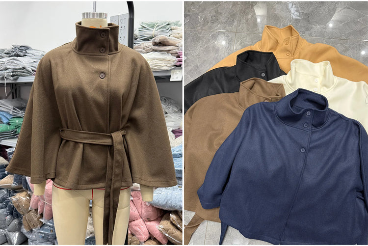 Women Lace Up High Neck Jackets for Women with Belt Elegant Windbreaker Faux Wool Blends Cape Korean Solid Windbreaker Cloak