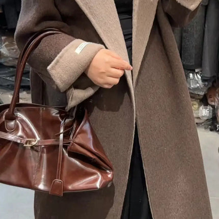 UCXQ Color Blocked Double Sided Wool Coat For Women Hooded Long Sleeved Belt Cardigan Coats 2025 Autumn Winter New Tide 23Z3934
