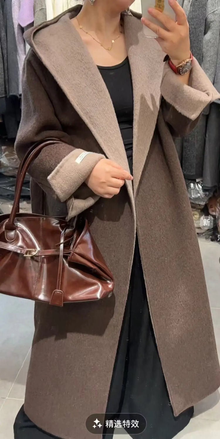 UCXQ Color Blocked Double Sided Wool Coat For Women Hooded Long Sleeved Belt Cardigan Coats 2025 Autumn Winter New Tide 23Z3934