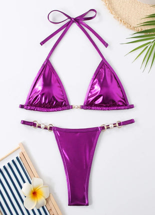 Micro Bikini Rosa Lucido da Donna, Sexy con Perle in PU, Push-Up, Perizoma, Costume da Bagno Estivo, con Lacci, per Vacanze PlatiNum