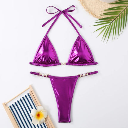Micro Bikini Rosa Lucido da Donna, Sexy con Perle in PU, Push-Up, Perizoma, Costume da Bagno Estivo, con Lacci, per Vacanze PlatiNum