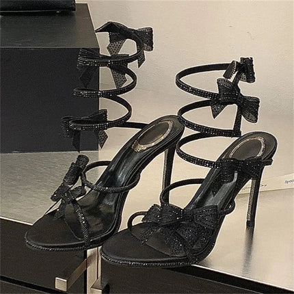 Aneikeh Elegant Pink Wedding Shoes CRYSTAL Bow High Heels Sandals Woman Summer Ankle Strap Thin High Heels Open Toed Party Shoes PlatiNum