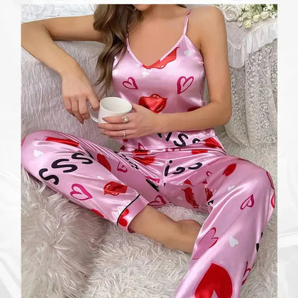 Pigiama floreale in raso da donna con top con cinturino per spaghetti e pantaloni lunghi Indumenti da notte 2 pezzi senza maniche Abbigliamento per la casa Pigiama platinumshop