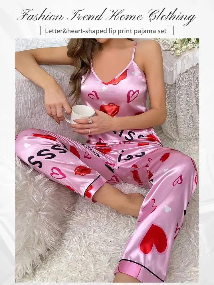 Pigiama floreale in raso da donna con top con cinturino per spaghetti e pantaloni lunghi Indumenti da notte 2 pezzi senza maniche Abbigliamento per la casa Pigiama platinumshop