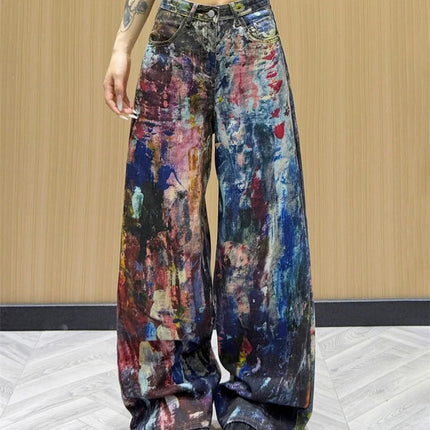 Jeans Americani da Donna a Vita Alta e Gamba Dritta, Pantaloni in Denim Colorati con Effetto Schizzi d'Inchiostro, Pantaloni Larghi Stile Cowboy per l'Autunno